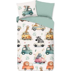 Cheqo® Kinderdekbedovertrek voor Kinderen - 140x200/220 cm - Dieren in Auto's Print - Multi - 1 Persoons - 100% Katoen