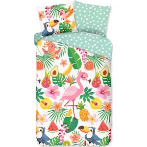 Cheqo® Katoenen Dekbedovertrek voor Kinderen - 140x220cm - Eenpersoons - Inclusief Kussensloop - 100% Zacht Katoen - Flamingo