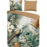 Cheqo® Luxe Satijnen Dekbedovertrek 240x220 cm - Pauw en Bladeren Print - Multi - 2 Persoons - 100% Katoen-Satijn