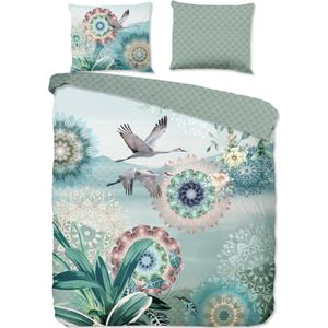 Cheqo® Luxe Satijnen Dekbedovertrek 240x220 cm - Mandala en Kraanvogel Print - Groen/Multicolor - 2 Persoons - 100% Katoen-Satijn