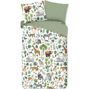 Cheqo® Kinderdekbedovertrek 135x200 cm - Afrikaanse Dieren Print - Big Five - Multi - 1 Persoons - 100% Katoen