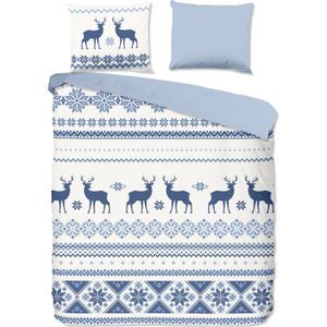 Cheqo® Flanellen Dekbedovertrek 240x220 cm - Rendieren en Sneeuwvlokken Print - Blauw/Wit - 2 Persoons - 100% Katoen - Oeko-Tex Gecertificeerd