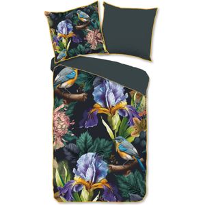 Cheqo® Luxe Satijnen Dekbedovertrek 155x220 cm - Bloemen en Vogels Print - Antraciet - 1 Persoons - 100% Katoen-Satijn