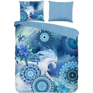 Cheqo® Flanellen Dekbedovertrek 200x220 cm - Mandala's en Eenhoorn Print - Blauw - 2 Persoons - 100% Katoen