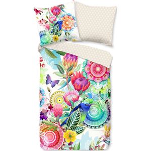 Cheqo® Satijnen Dekbedovertrek 155x220 cm - Bloemen en Vogels Print - Multicolor - 1 Persoons - 100% Katoen-Satijn