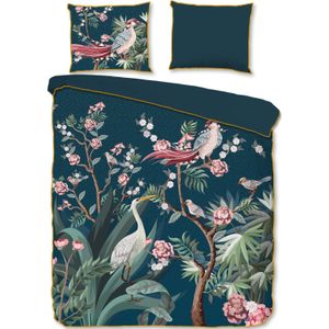 Cheqo® Luxe Satijnen Dekbedovertrek 140x200/220 cm - Vogel en Bloemen Print - Petrol - 2 Persoons - 100% Katoen-Satijn