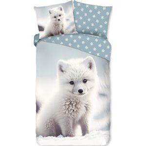 Cheqo® Kinderdekbedovertrek 140x200 cm - Poolvos en Sneeuwvlokken Print - Wit/Blauw - 1 Persoons - 100% Katoen Flanel