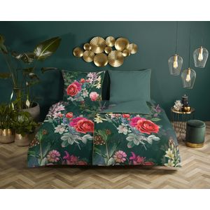 Cheqo® Luxe Satijnen Dekbedovertrek 155x220 cm - Bloemen Print - Groen - 1 Persoons - 100% Katoen-Satijn