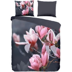 Cheqo® Luxe Microfiber Dekbedovertrek 200x220 cm - Magnolia Bloemen Print - Antraciet - 2 Persoons - Oeko-Tex Gecertificeerd