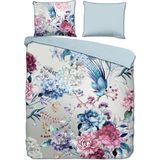 Cheqo® Luxe Satijnen Dekbedovertrek 200x220 cm - Bloemen en Vogel Print - Pastelkleuren - 2 Persoons - 100% Katoen-Satijn