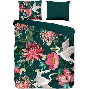 Cheqo® Luxe Microfiber Dekbedovertrek 200x220 cm - Bloemen en Kraanvogels Print - Multi - 2 Persoons - Oeko-Tex Gecertificeerd