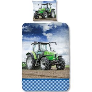 Dekbedovertrek voor Kinderen - 140x220 cm - Tractors en Blauwe Lucht Print - Groen - 1 Persoons - 100% Flanel Katoen