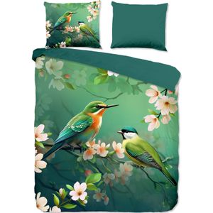 Cheqo® Luxe Dekbedovertrek 240x220 cm - Bloemen en Vogels Print - Groen - 2 Persoons - Microfiber - Oeko-Tex Gecertificeerd