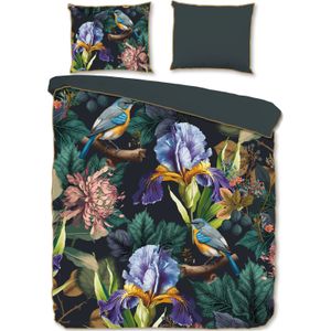 Cheqo® Luxe Satijnen Dekbedovertrek 240x220 cm - Bloemen en Vogels Print - Antraciet - 2 Persoons - 100% Katoen-Satijn