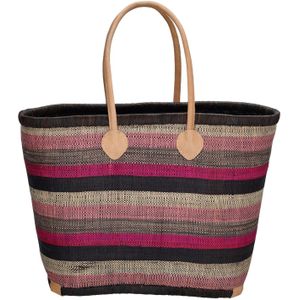 PE Florence - Raffia Rieten Mand - Zwart Fuchsia - Grote Mand met Koordsluiting