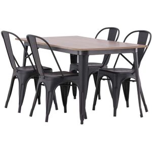 Tempe eethoek tafel okkernoot decor en 4 Tempe stoelen zwart.