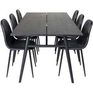 Sleek eethoek eetkamertafel uitschuifbare tafel lengte cm 195 / 280 zwart en 6 Polar eetkamerstal PU kunstleer zwart PU kunstleer.