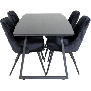 IncaBLBL eethoek eetkamertafel uitschuifbare tafel lengte cm 160 / 200 zwart en 4 Velvet Deluxe eetkamerstal velours zwart.