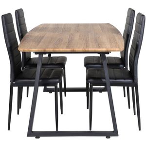 IncaNABL eethoek eetkamertafel uitschuifbare tafel lengte cm 160 / 200 el hout decor en 4 Slim High Back eetkamerstal PU kunstleer zwart.