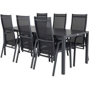 Break tuinmeubelset tafel 90x205cm zwart, 6 stoelen Copacabana zwart.