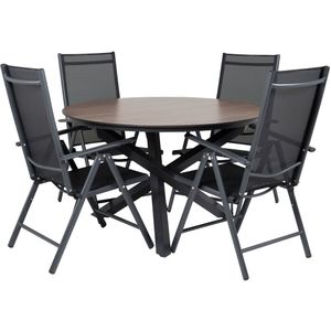 Llama tuinmeubelset tafel Ø120cm en 4 stoel Break zwart, bruin.