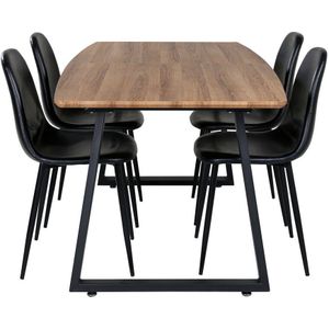 IncaNABL eethoek eetkamertafel uitschuifbare tafel lengte cm 160 / 200 el hout decor en 4 Polar eetkamerstal PU kunstleer zwart PU kunstleer.