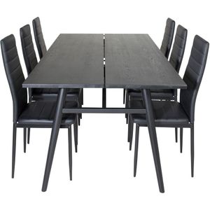 Sleek eethoek eetkamertafel uitschuifbare tafel lengte cm 195 / 280 zwart en 6 Slim High Back eetkamerstal PU kunstleer zwart.
