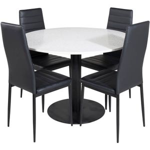 RazziaWH eethoek eetkamertafel terazzo wit en 4 Slim High Back eetkamerstal PU kunstleer zwart.