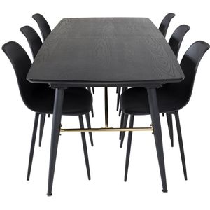 Gold eethoek eetkamertafel uitschuifbare tafel lengte cm 180 / 220 zwart en 6 Polar eetkamerstal zwart.