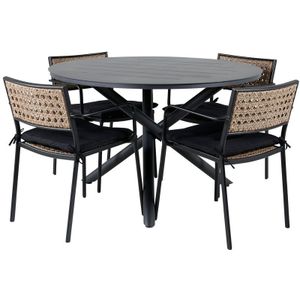 Alma tuinmeubelset tafel Ø120cm en 4 stoel Paola zwart.