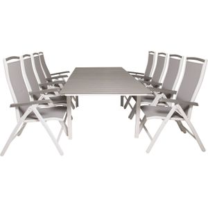 Levels tuinmeubelset tafel 100x160/240cm en 8 stoel 5pos Albany wit, grijs.