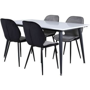 Jimmy150 eethoek eetkamertafel uitschuifbare tafel lengte cm 150 / 240 wit en 4 Emma eetkamerstal velours grijs,zwart.