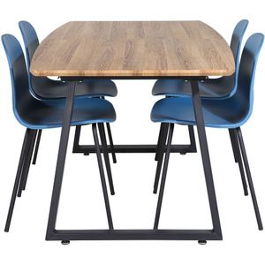 IncaNABL eethoek eetkamertafel uitschuifbare tafel lengte cm 160 / 200 el hout decor en 4 Arctic eetkamerstal blauw, zwart.