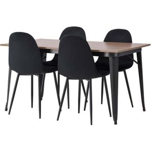 Tempe eethoek tafel okkernoot decor en 4 Polar stoelen zwart.