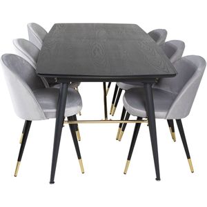 Gold eethoek eetkamertafel uitschuifbare tafel lengte cm 180 / 220 zwart en 6 Velvet eetkamerstal velours lichtgrijs.