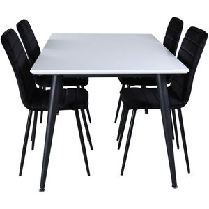 Jimmy150 eethoek eetkamertafel uitschuifbare tafel lengte cm 150 / 240 wit en 4 Windu Lyx eetkamerstal velours zwart.