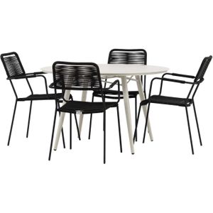 Lina tuinmeubelset tafel Ã˜120cm beige, 4 stoelen Lindos zwart.