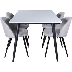 Jimmy150 eethoek eetkamertafel uitschuifbare tafel lengte cm 150 / 240 wit en 4 Velvet eetkamerstal lichtgrijs, zwart.