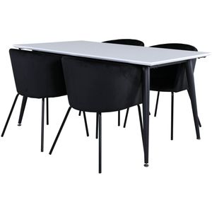 Jimmy150 eethoek eetkamertafel uitschuifbare tafel lengte cm 150 / 240 wit en 4 Berit eetkamerstal velours zwart.