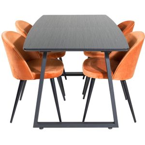 IncaBLBL eethoek eetkamertafel uitschuifbare tafel lengte cm 160 / 200 zwart en 4 Velvet eetkamerstal velours oranje, zwart.