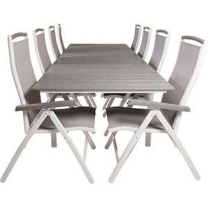 Levels tuinmeubelset tafel 100x229/310cm en 8 stoel 5pos Albany wit, grijs.