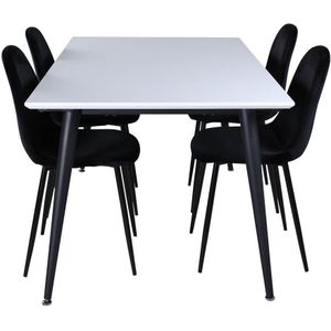 Jimmy150 eethoek eetkamertafel uitschuifbare tafel lengte cm 150 / 240 wit en 4 Polar eetkamerstal velours zwart.