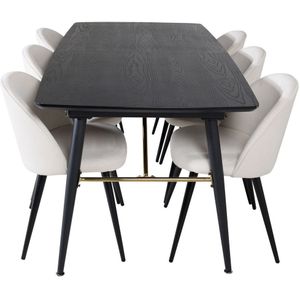 Gold eethoek eetkamertafel uitschuifbare tafel lengte cm 180 / 220 zwart en 6 Velvet eetkamerstal fluweel beige, zwart.