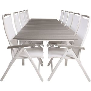 Levels tuinmeubelset tafel 100x229/310cm en 10 stoel Albany wit, grijs.