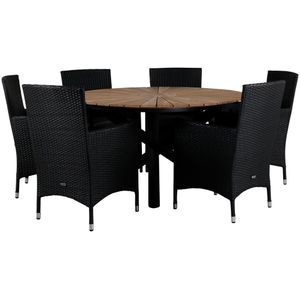 Mexico tuinmeubelset tafel Ø140cm en 6 stoel Malin zwart, naturel.