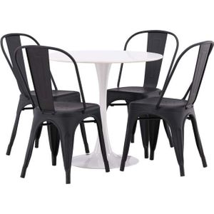 Hamden eethoek tafel wit en 4 Tempe stoelen zwart.