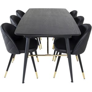 Gold eethoek eetkamertafel uitschuifbare tafel lengte cm 180 / 220 zwart en 6 Velvet eetkamerstal PU kunstleer zwart.