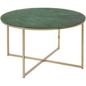 Almaz salontafel Ø80 cm in glas met groene marmerprint en goudkleurig chromen onderstel