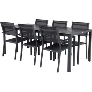 Break tuinmeubelset tafel 90x205cm zwart, 6 stoelen Copacabana zwart.