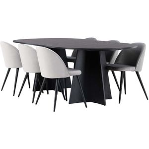 Bootcut eethoek tafel zwart en 6 Velvet stoelen grijs.